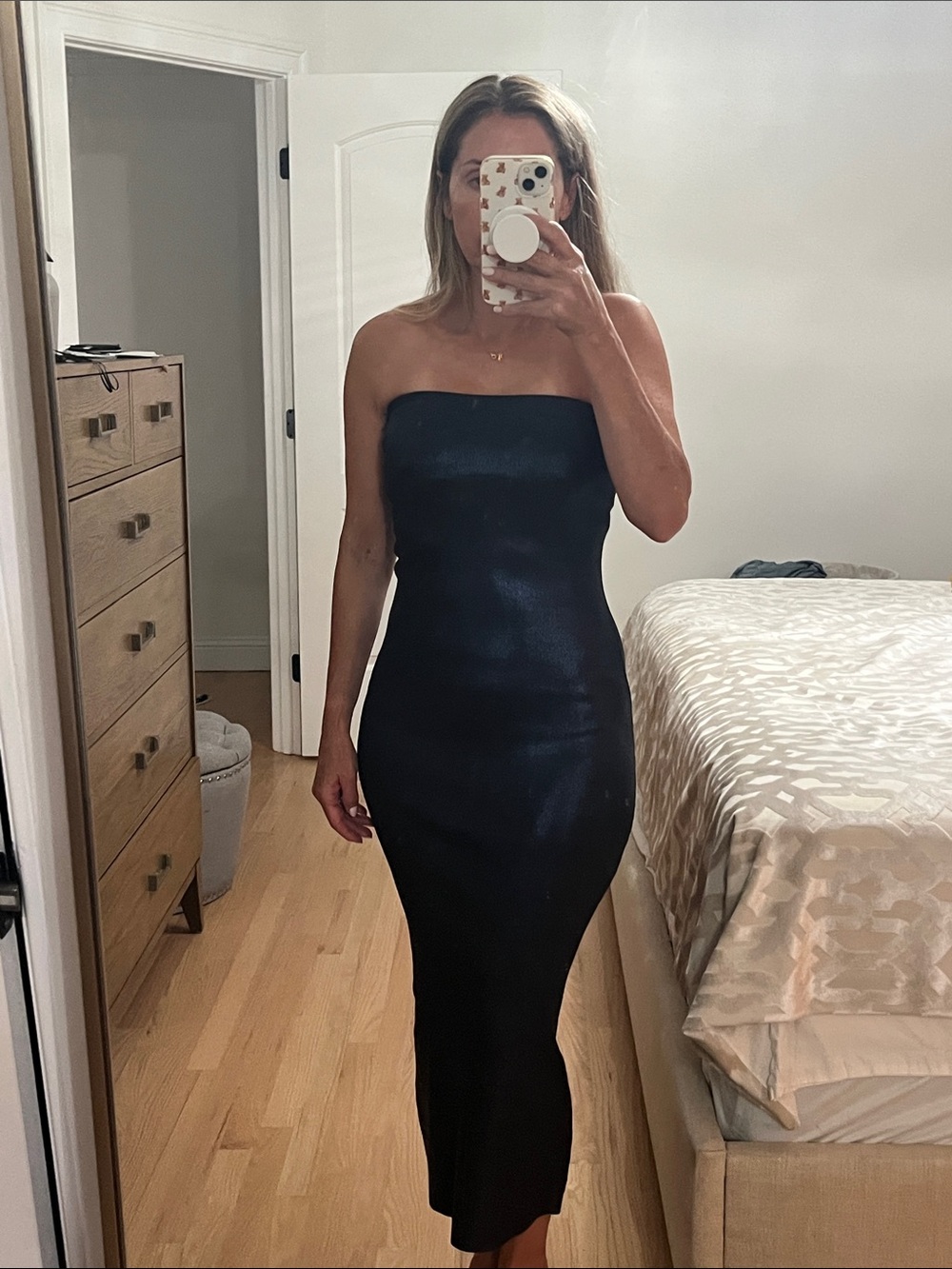 Zara Strapless Sleek metallic blue Midi Dress